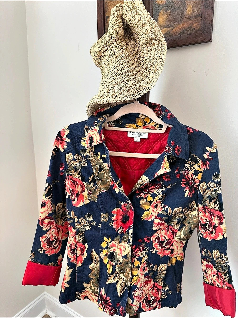 Vintage Y2K Norm Thompson Botanical Quilted Jacket in Blue & Red